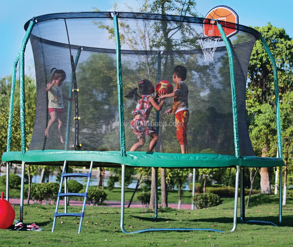 outdoor kids trampoline bed with baskestball hoop and ladder