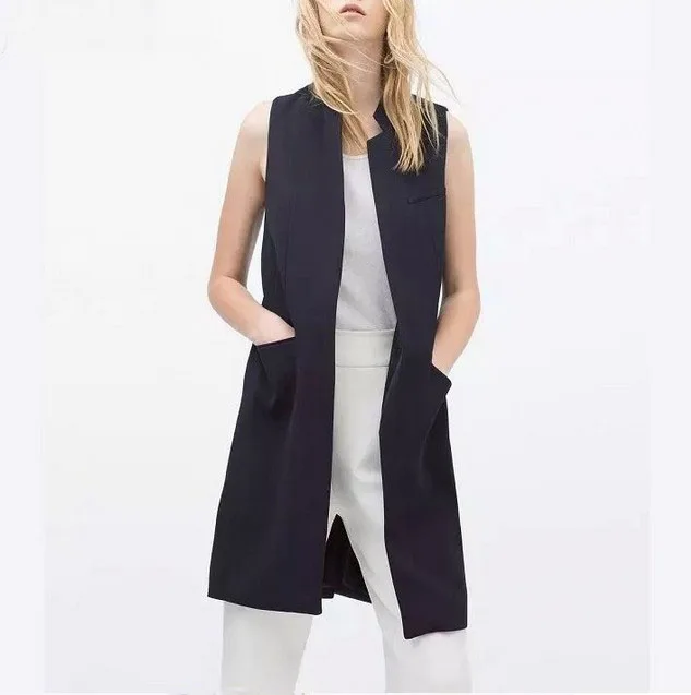 2015 Autumn Style New Arrival European Summer Style Three Colors Women Casual Long Polyester chalecos Vests Gilet women