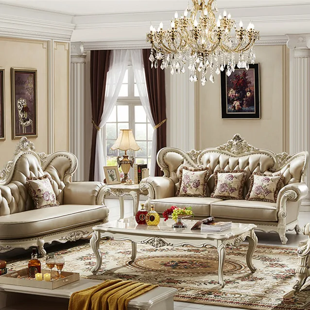 Blanc de luxe européen en bois massif de style classique salon meubles ensembles de canapé et table basse