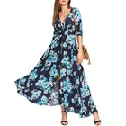 Factory Wholesale A Line V Neck Floral Maxi Clothes Women Ladies Dress