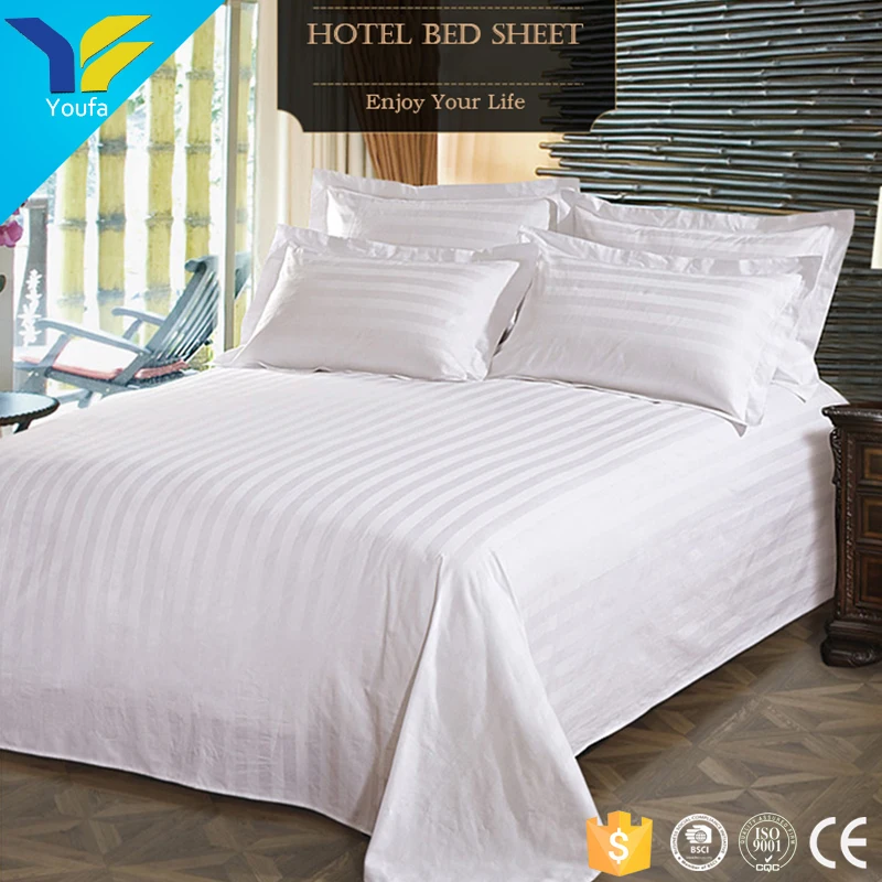 Excellent stitch 300T white satin stripe hotel bedsheets bed sheet sets 100% cotton bed cover sheet