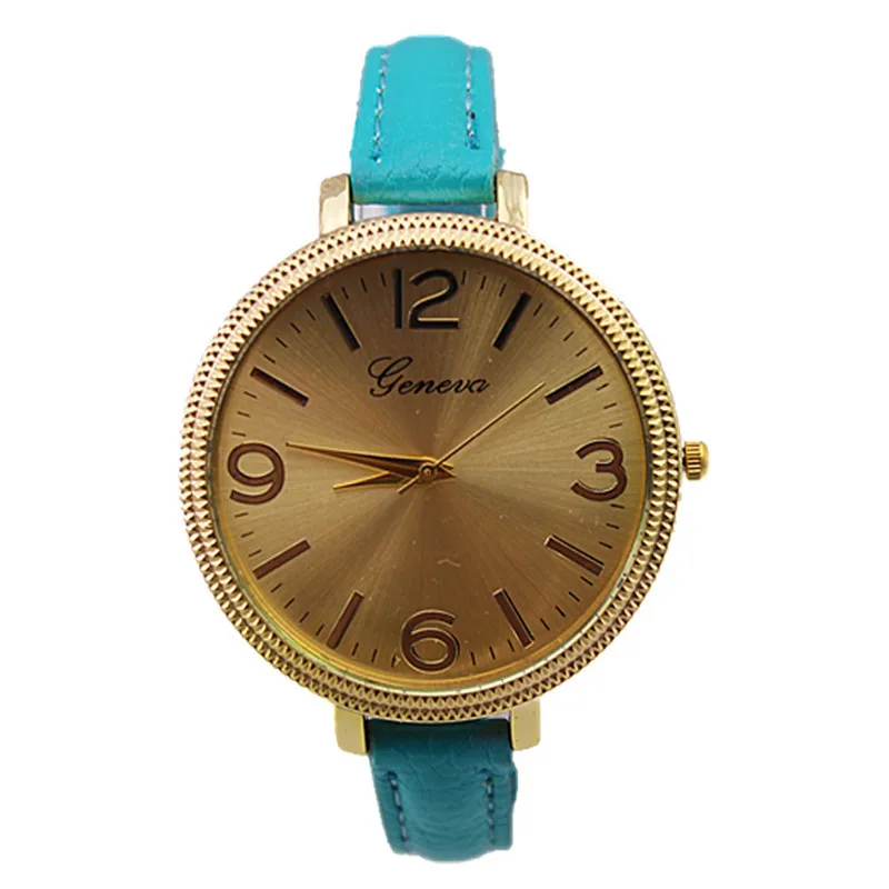 high quality lady casual bracelet big gold face slim leather strap quartz analog display geneva women fashion watch