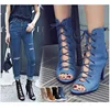 or20294a Europe newest women high heel boots fish mouth hollow out ladies fancy sandal shoes denim upper