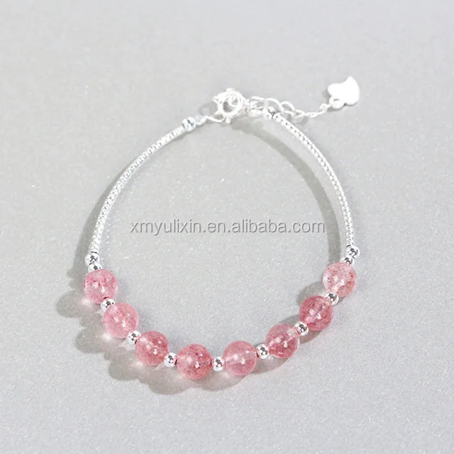 pink strawberry crystal bead and silver bead bracelet