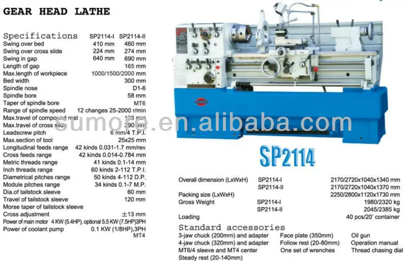 China Engine Lathe / Heavy Duty Machines and Large Diameter Lathe Machine SP2114