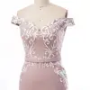 China Wholesale Traditional Lace Long Satin Weddings Off The Shoulder Pink Bridesmaid Dress