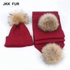 Women Autumn Winter New Fashion Real Raccoon Fur Pompom Hat & Scarf Solid Adult Hats Warm Set