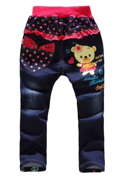 2013 Free shipping fashion cotton denim jeans girls Denim pants Lace Cartoon children's trousers 1lot =4pcs Wholesale