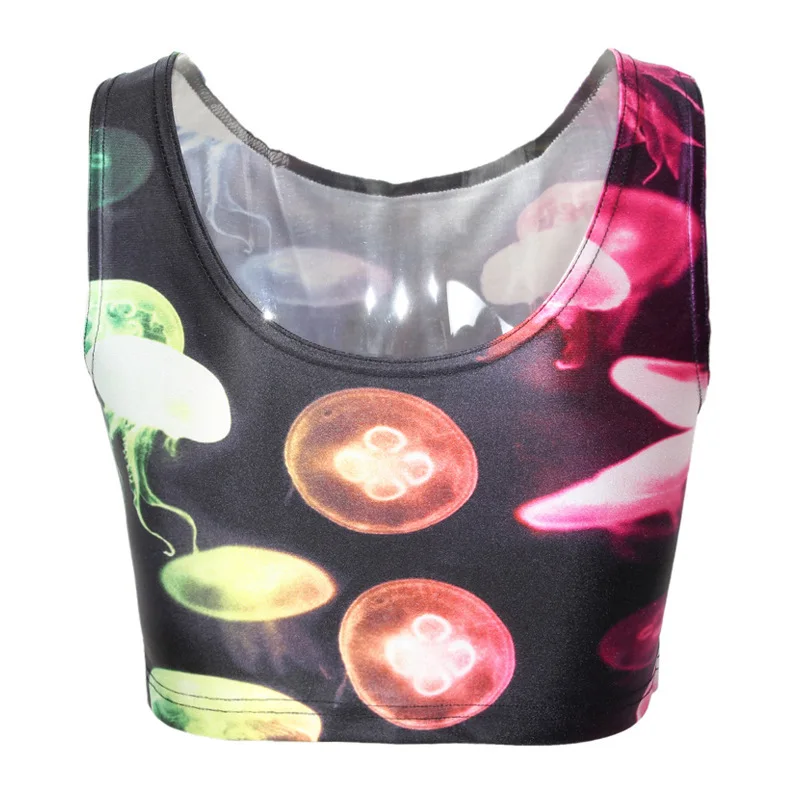 EAST KNITTING 2015 Jellyfish Rainbow Print Women t-shirt Fashion Black Milk Camisole Sexy Female Summer Crop Top