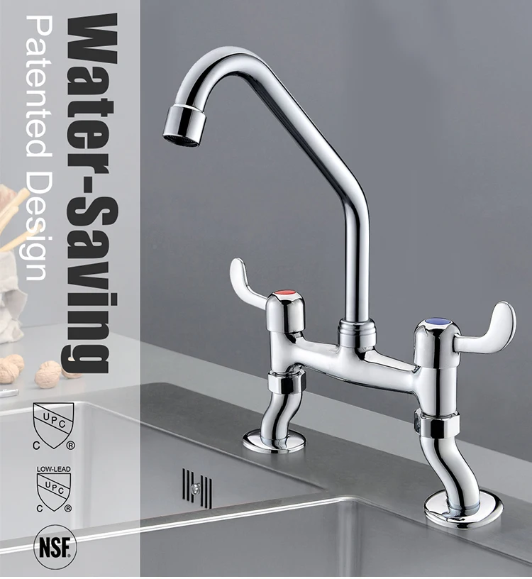 Brass UPC Commercial 2 Hole Kitchen Mixer Taps with 360 Rotate Swivel Faucet Nozzle