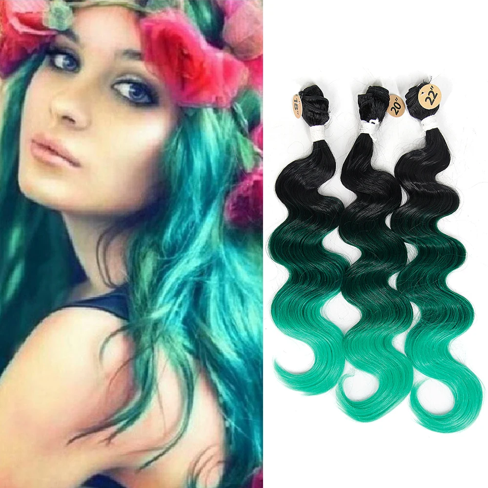 

Natural Body Wave Hair Bundles 3pcs/pack with free Closure 18-22inch Ombre Green Synthetic Hair Weave Bundles weaving Hair