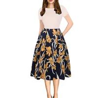 

Women Vintage Dresses Patchwork Pockets Puffy Swing Casual Party Print A Line Casual Dress A518