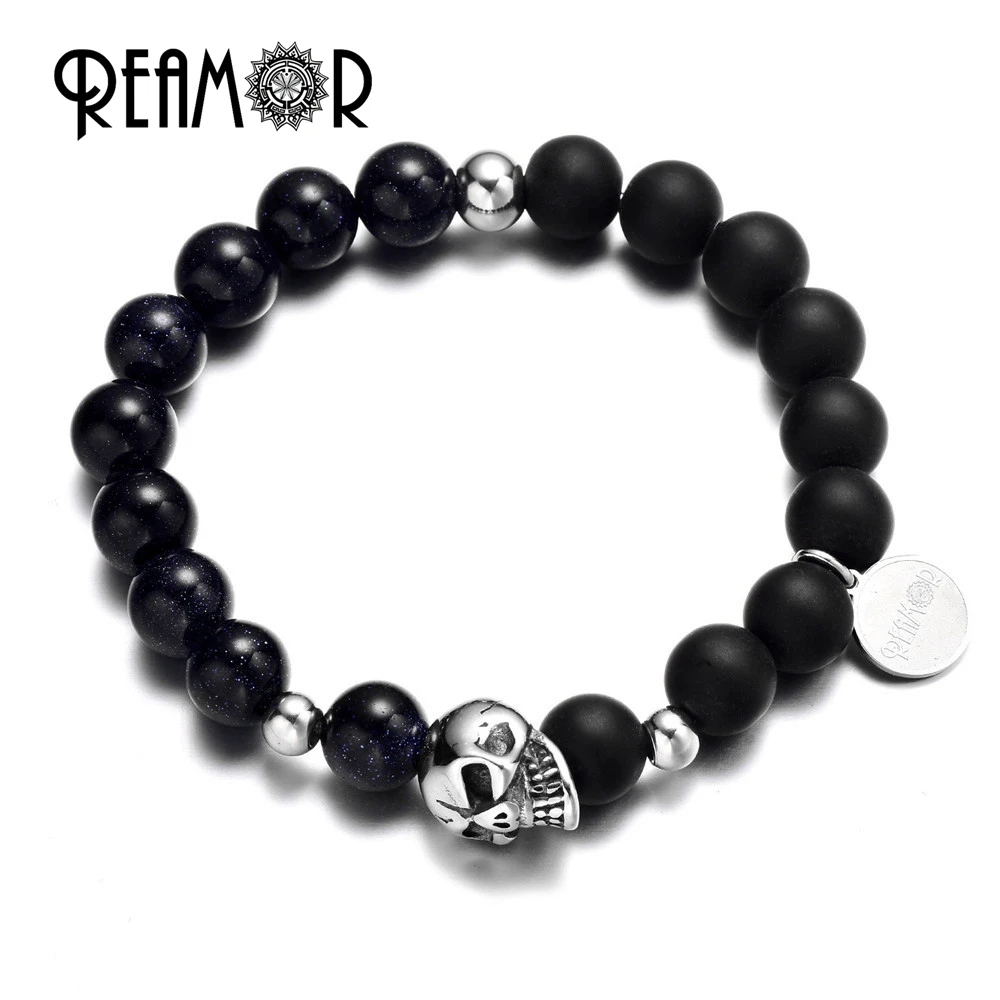 REAMOR Luxury Men 10mm Black Matte Onyx&Blue Starry Sky Sand Stone match Stainless Steel Skull Elastic Beaded Bracelets Jewelry
REAMOR Luxury Men 10mm Black Matte Onyx&Blue Starry Sky Sand Stone match Stainless Steel Skull Elastic Beaded Bracelets Jewelry