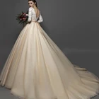 Ball Gown 3/4 Sleeve Bateau Chapel Train Tulle Wedding Dress With Lace