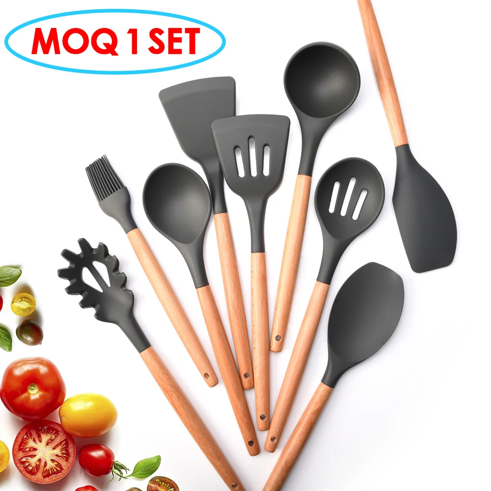 

9pcs Printed Logo Wood Handle Cookware kitchen tools Cooking gadgets Silicone Utensils Set, Gray
