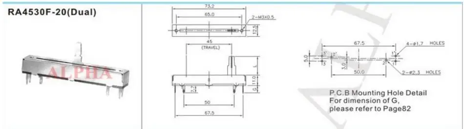 1pcs  Taiwan Pu Yao F mixer sliding potentiometer SL45G, 7.3 cm double, B10Kx2 axis long 15mm light switch in bathroom