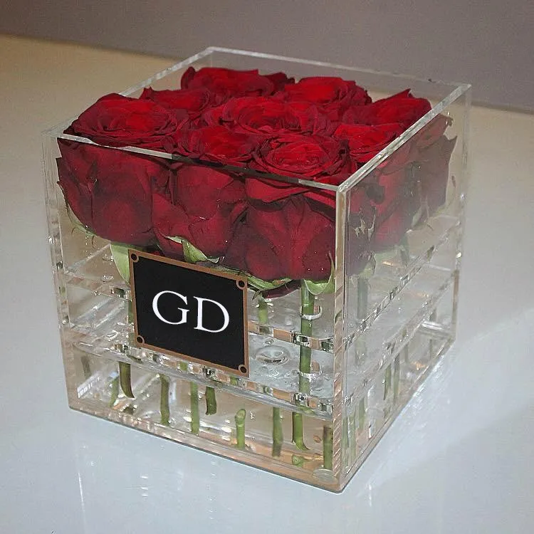 wholesale custom cube crystal clear acrylic flowers box, flower