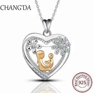 mom & baby in gold 925 silver crystal flowers in heart pendant