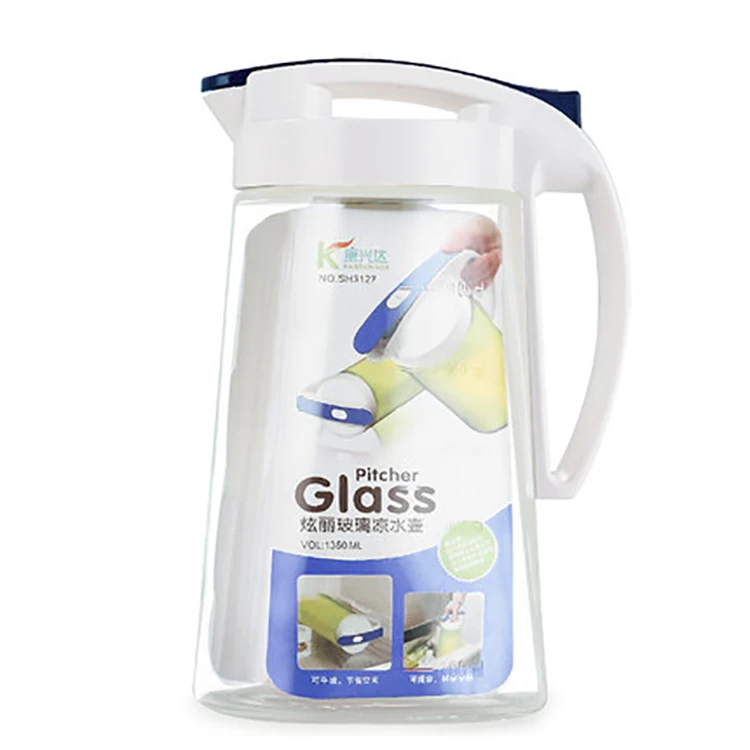 Kitchen 1350ml side lying leakproof clear glass cold water pitcher with plastic lid, Red,green,bule
Kitchen 1350ml side lying leakproof clear glass cold water pitcher with plastic lid, Red,green,bule