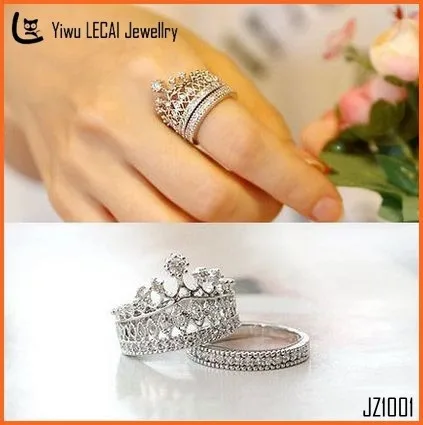 2015 Fashion Hot Jewelry Cubic Zirconia Silver Crown Ring With Two Setting