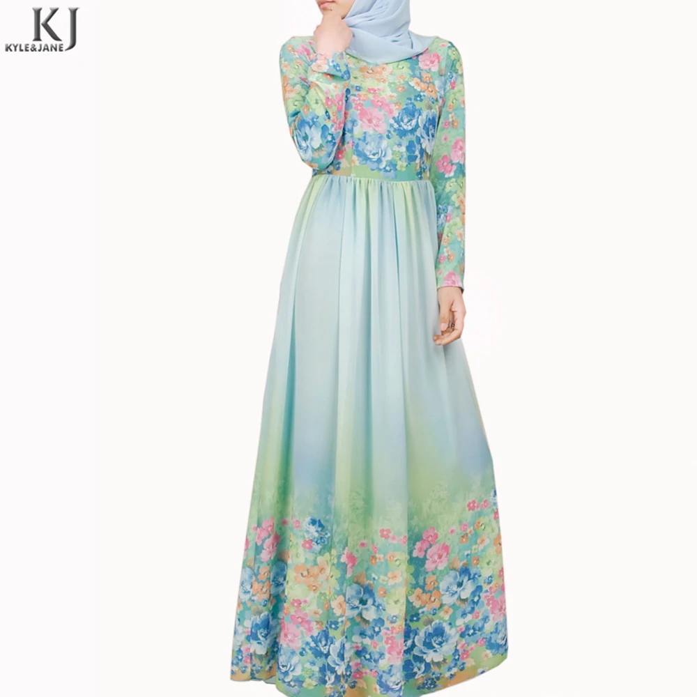2019 KJ high quality fashion dubai women abaya chiffon printed fabric muslim clothing