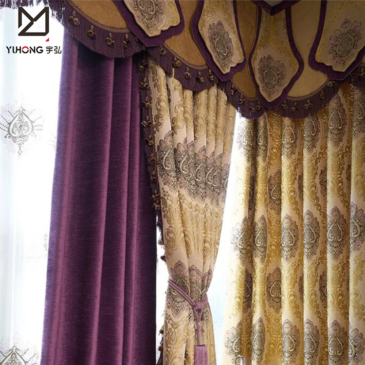 Double layer high ceiling curtains attached valance for living room