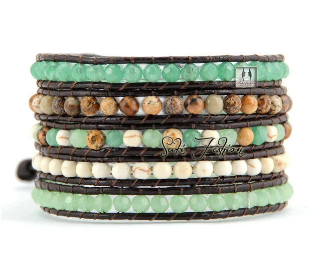 Quality Mixed Natural Stones with Rhinestone Leather Wrap Bracelet Beaded Bangle Bracelet Wholesale Natural Stone Jewelry