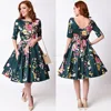 Woman Clothing Fashion Classic Retro Apparel Design Floral Gorgeous Hunter Green Flare Midi Swing Party Vintage Dress