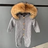 Wholesale Kids Winter Romper Boys Girls Knitted Jumpsuit Real Fur Collar Infant Baby Knitted Romper