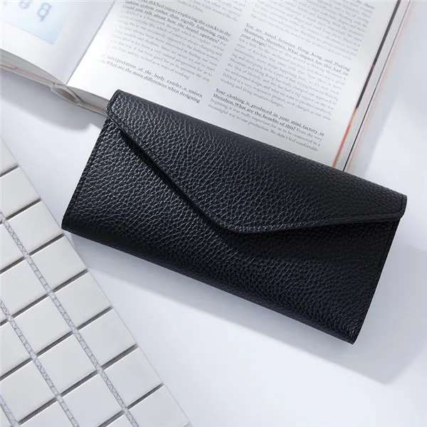 Wallet female long section 2017 new fashion version thin section buckle 3 fold simple PU wallet Litchi pattern envelope wallet