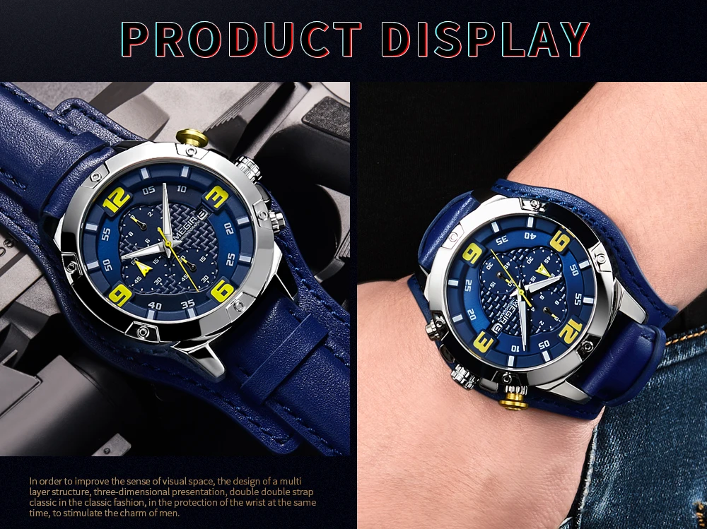 MEGIR ML2099G Men Quartz Watch Top Brand Luxury Gold Chronograph Date Military Sport Leather Band Male Clock
