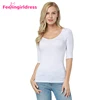 Ladies White Causal 3/4 Sleeves Scoop Neck Seamless Bamboo T-Shirt For Women