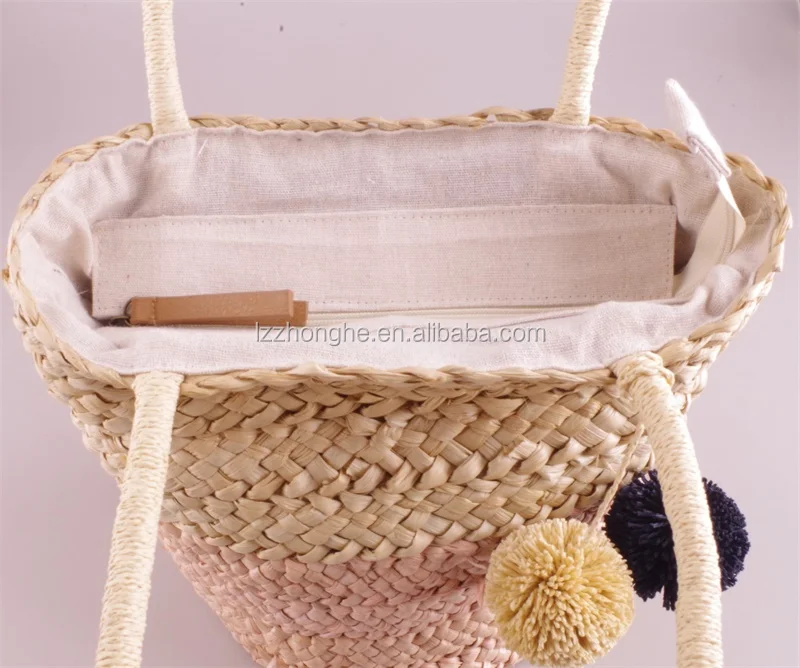 moroccan cornhusk handmade bag shopping pom pom straw bag