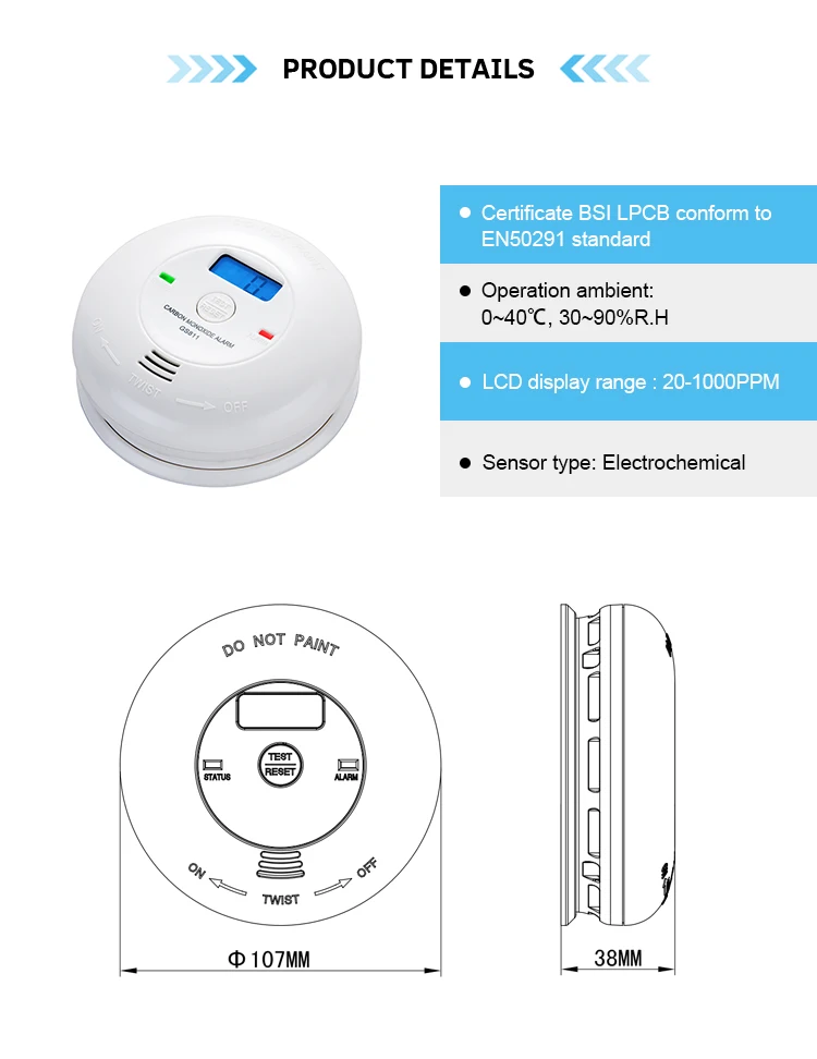 BSI LPCB EN50291 approval home security 7 years DC 4.5V battery operated co detector alarm with lcd - ANKUX.COM