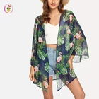 Autumn Wear Trumpet Sleeves Jungle Leaf Printed Kimono Women Loose Beach Wear Cardigan