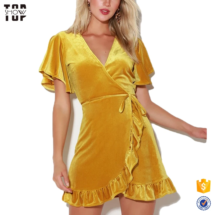 Venta al por mayor de oro amarillo de aleteo manga corta volantes mini vestido para las mujeres