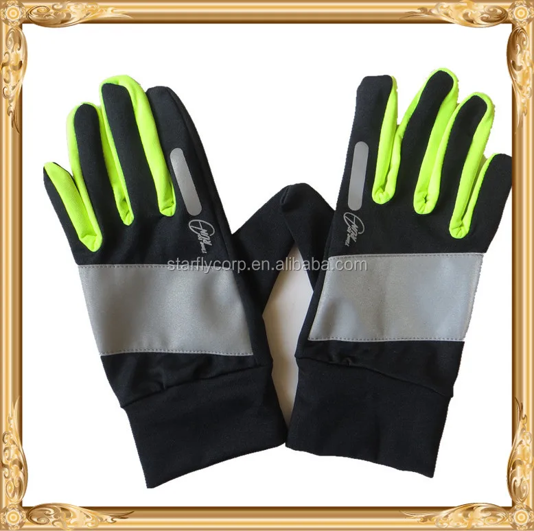 wholesales fluorescent ribbon green polyester reflective traffic gloves for police