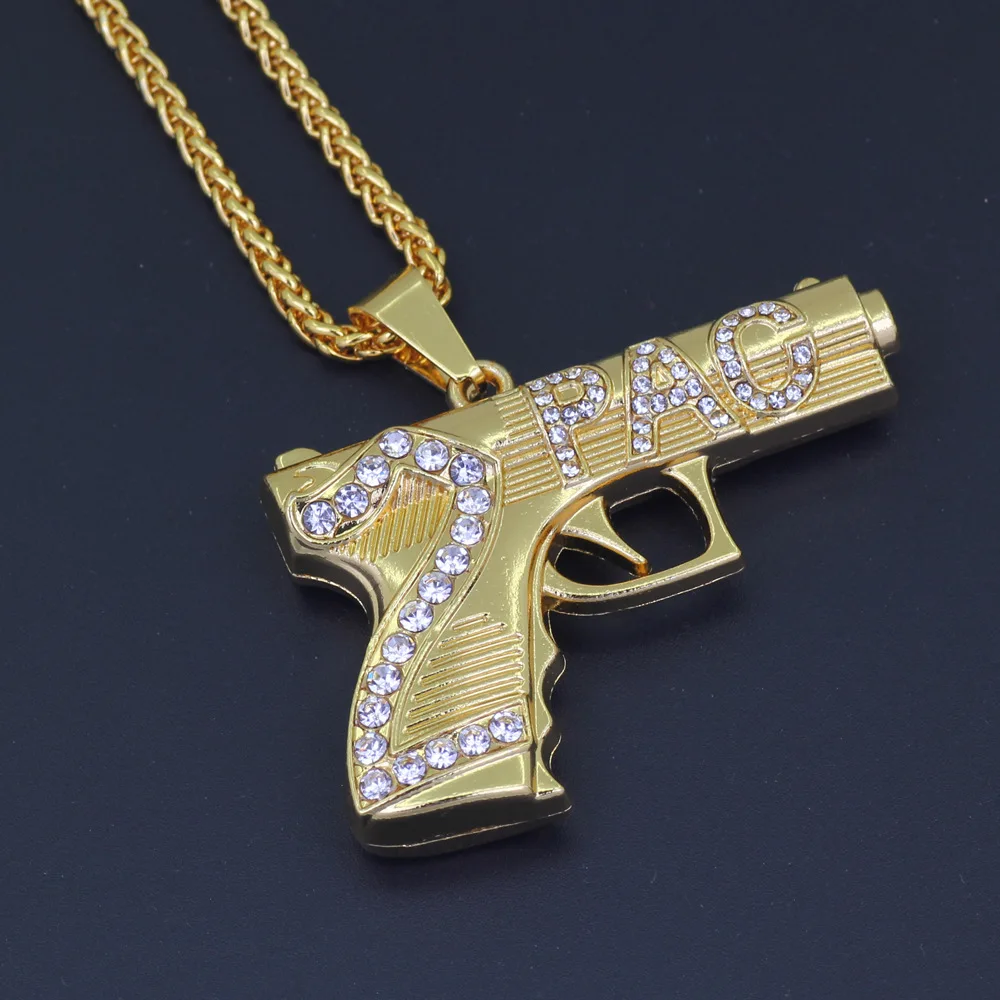 Low Moq High Quality American Hiphop Necklace 2pac Pistol Necklace Men Gold Jewelry Wholesale