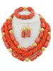 Gold-Plated 3Rows Column Ball Coral Beads Nigerian Jewelry Set