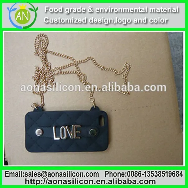 Metal LOVE label silicone ball chain cell mobile cover|black silicone mobile case
