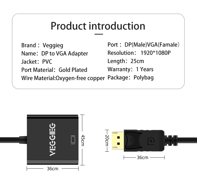 DisplayPort to VGA Cable Adapter DP to VGA Converter Male to Female Gold Plated Adapter - ANKUX.COM