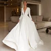 Elegant Lady Puffy Pleating White Deep V-Neck Satin Long Sleeve A Line Wedding Dress