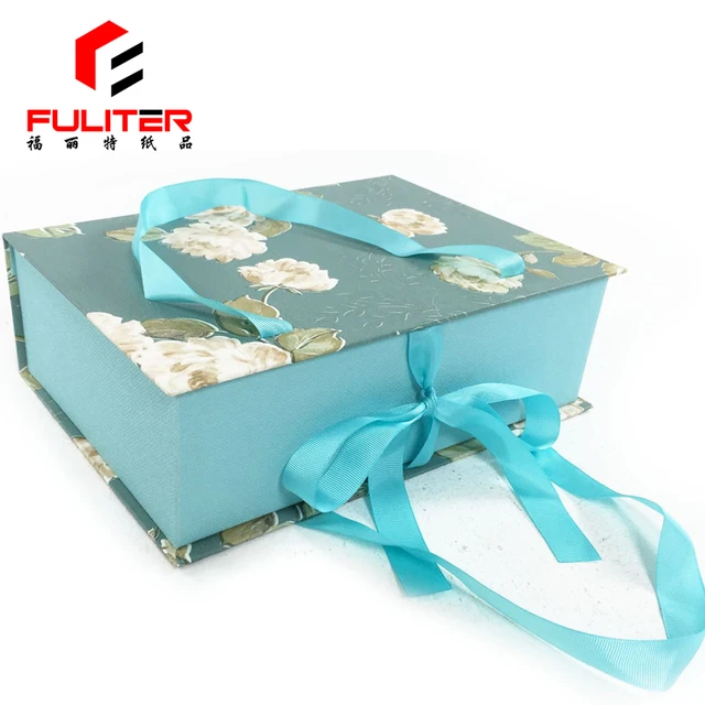 rigid cardboard hinged magnet floral gift box with ribbon