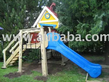 wooden playhouse with slide and sandpit