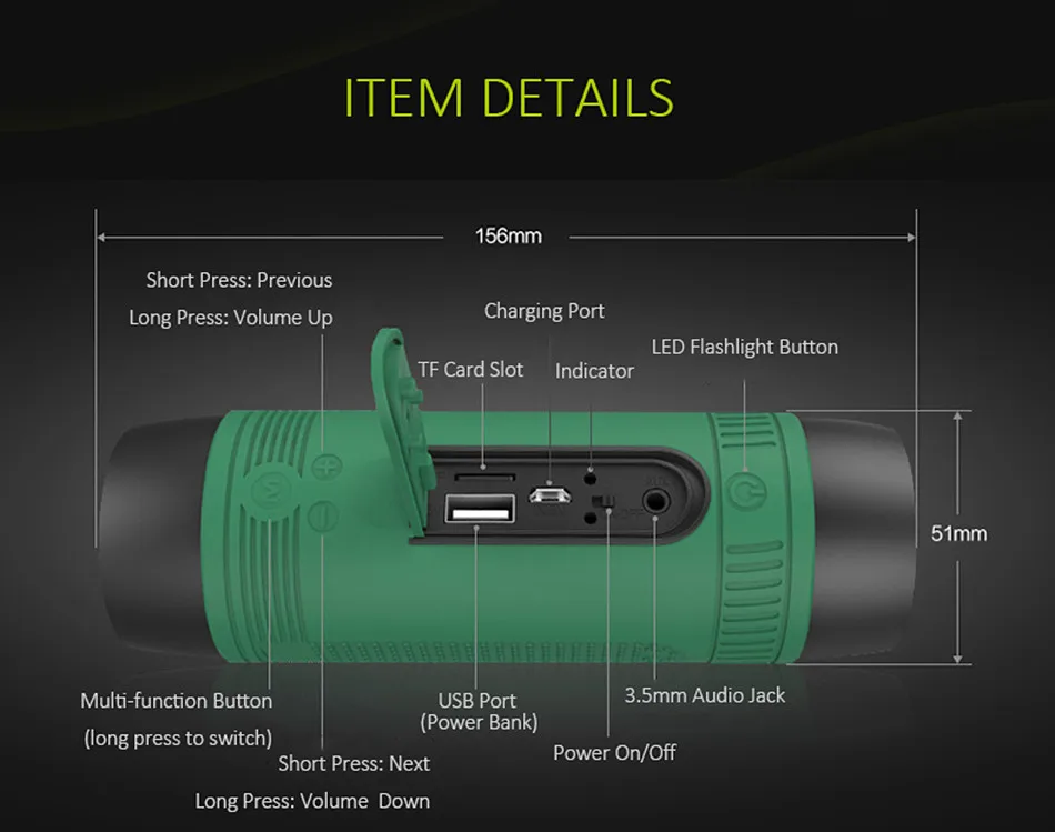 ZEALOT S1 Cycling Stereo Blue tooth Speaker Wireless Column Subwoofer LED Flashlight FM Radio 4000mAh Battery TF Card Play - ANKUX.COM