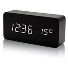 Voice Control USB Charge Time Date Temperature LED Display Digital Table Wooden Alarm Clock