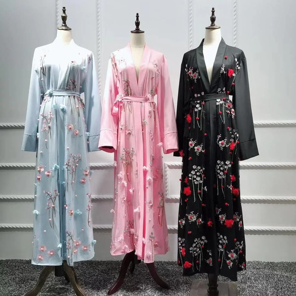 

2019 modest 3D flowers islamic embroidery lace dress floral kimono cardigan kaftan abaya in dubai, Blue;pink;black