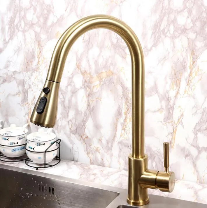 Brushed Gold Single Lever Kitchen Taps Sink Faucet With Spray