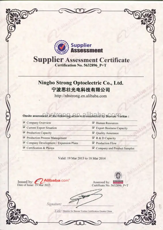 Supplier Assessment Certificate