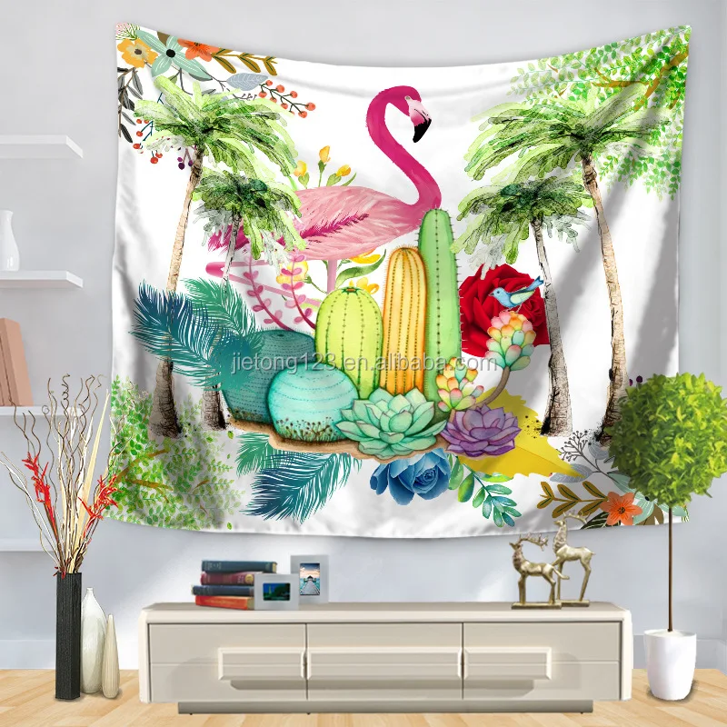 Decorative Wall Hanging 100% Polyester Eco-friend Colorful Flamingo Tapestry TropicalStyle  For Bedroom